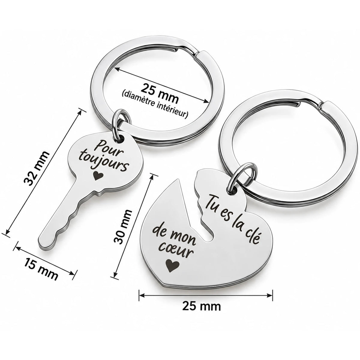 Dimensions du porte-clés Clef de mon cœur