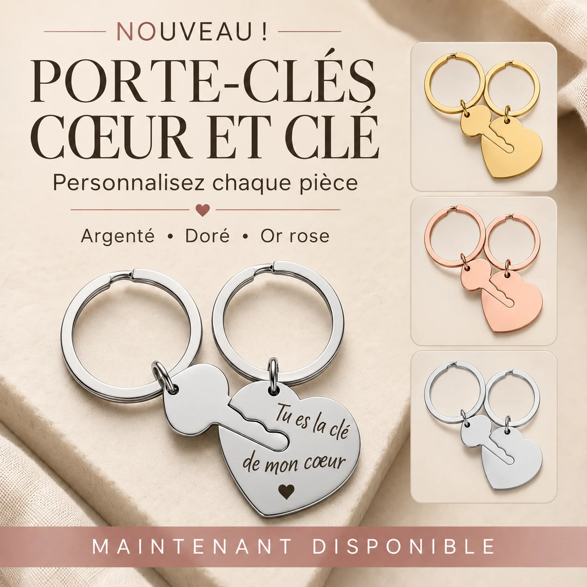 Porte-clés double Clef de mon cœur - présentation en 3 couleurs