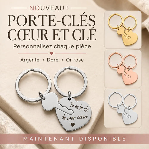 Porte-clés double Clef de mon cœur - présentation en 3 couleurs